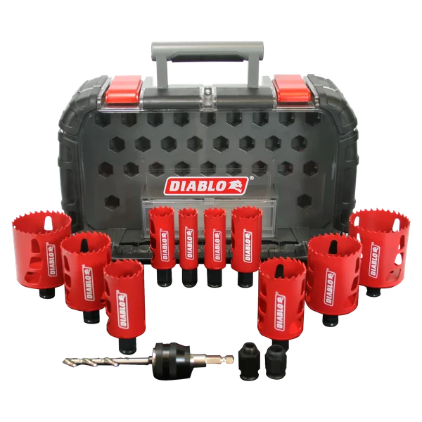 14 pc General Purpose Bi-Metal Hole Saw Set (10 Hole Saws, 1 Mandril, 1 Pilot Bit, 2 Adaptor Nuts)