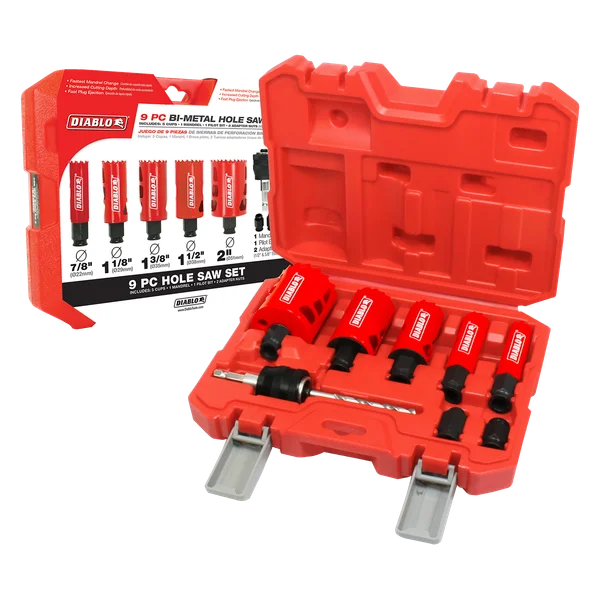 9 pc General Purpose Bi-Metal  Hole Saw Set (5 Hole Saws, 1 Mandril, 1 Pilot Bit, 2 Adaptor Nuts)