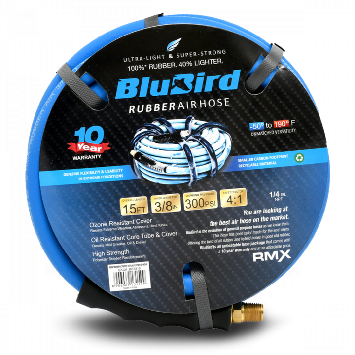 BluBird 3/8" x 15' Rubber Air Hose - Versatile Pneumatic Hoses