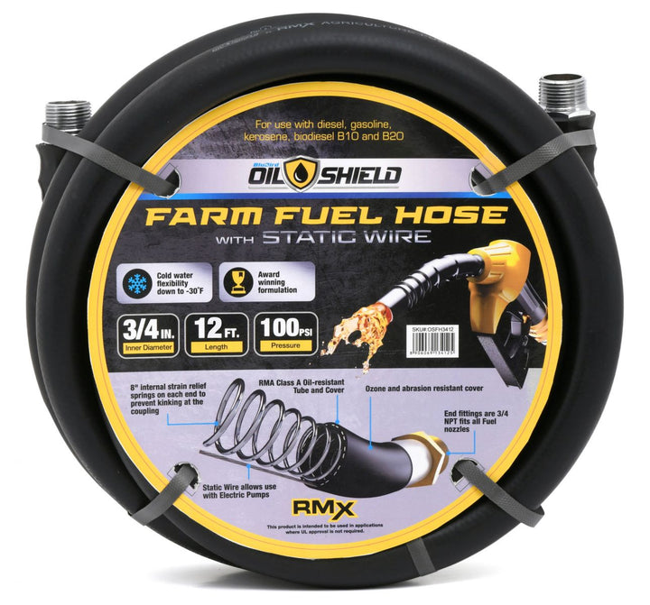 OilShield 3/4" x 12' Rubber Farm Fuel Transfer Hose - Agriculture