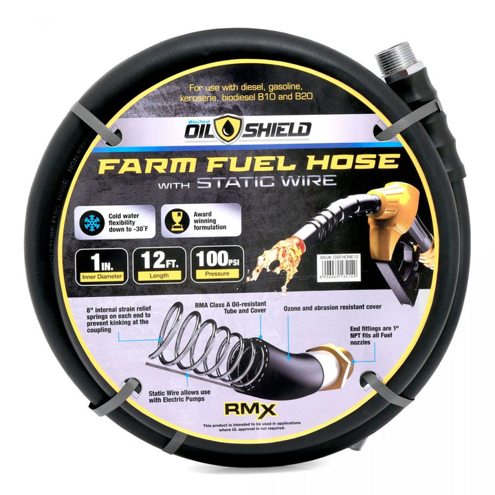 OilShield 1" x 12' Rubber Farm Fuel Transfer Hose - Agriculture